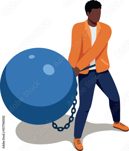 Man struggling to move large blue ball and chain representing burden or restriction in modern vector style