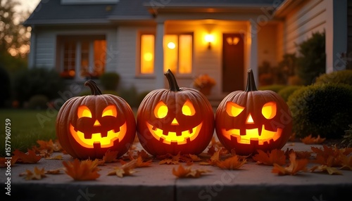 High resolution Halloween picture with three carved pumpkins with various spooky faces at twilight, falling leaves around, warm evening sunset light and cozy house in the background.
