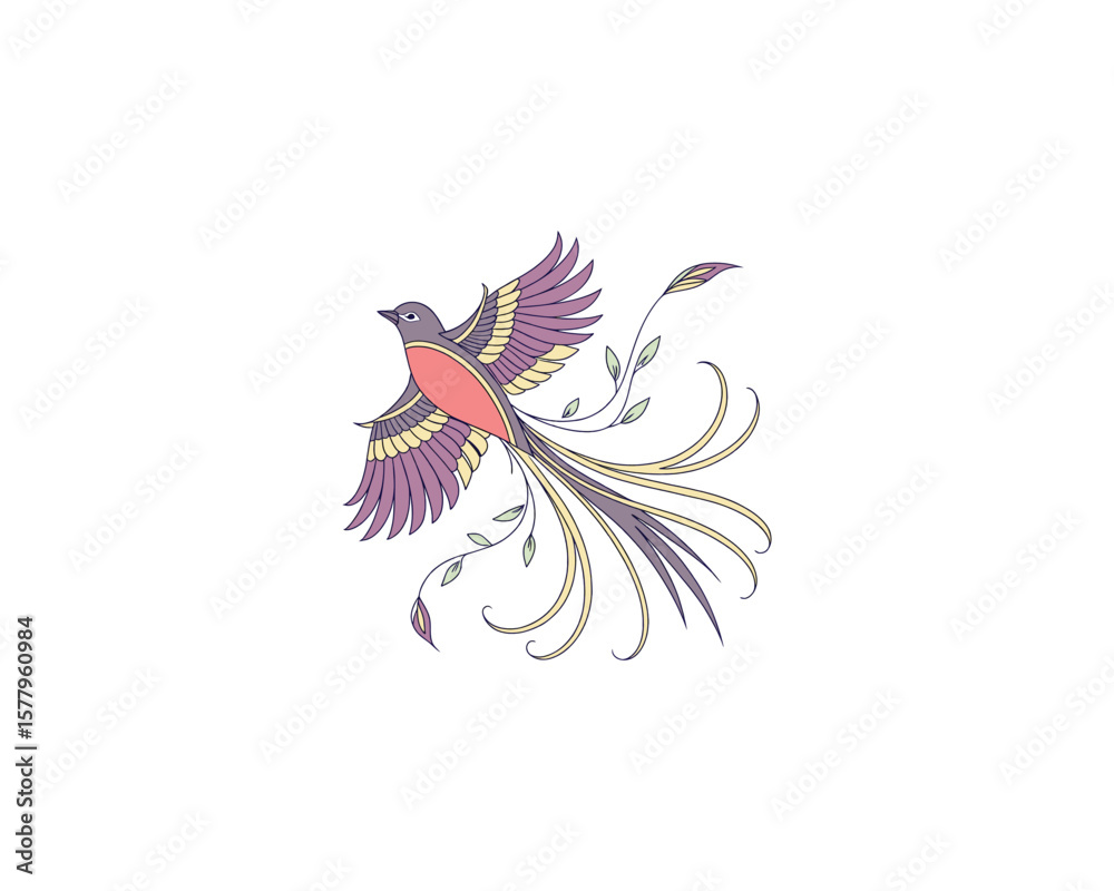 Obraz premium Stylized bird illustration with flowing tail feathers and leaves