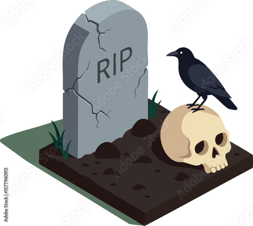 Gravestone with rip inscription black crow perched on human skull on soil autumn theme vector illustration
