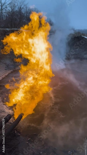 Ukraine, Shebelinka gas field engineers release and ignite problematic gas and gas condensate in a special barn for safety during a snowfall in winter