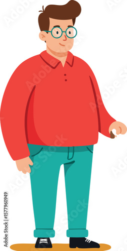 Young man with glasses wearing red shirt and teal pants standing casually in vector style illustration