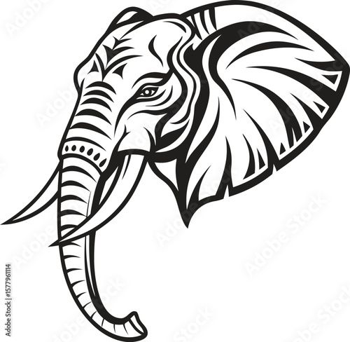 Tribal vector illustration of a black and white elephant head, ideal for a tattoo, logo, or wild animal emblem