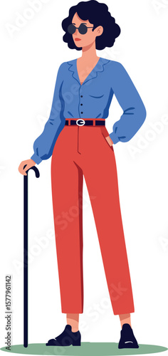 Woman standing with cane wearing blue blouse red pants and sunglasses confident pose vector illustration