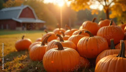 High resolution picture of autumn pumpkin harvest on a blurred background with rustic farm, golden foliage and warm afternoon light.
