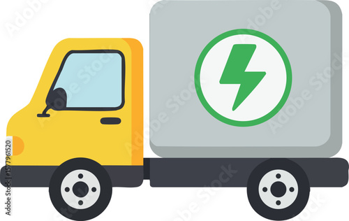 Electric delivery truck with green energy symbol in flat vector style for sustainable transport design
