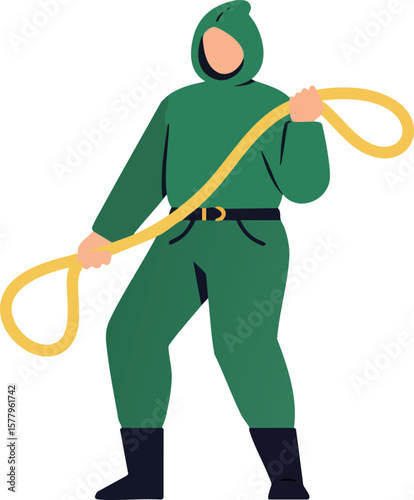 Worker in green protective suit holding yellow rope vector illustration for industrial safety and hazard prevention