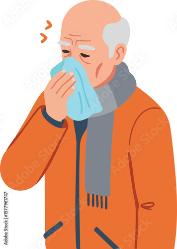 Elderly man blowing nose with tissue wearing orange jacket and gray scarf cold flu symptom vector illustration