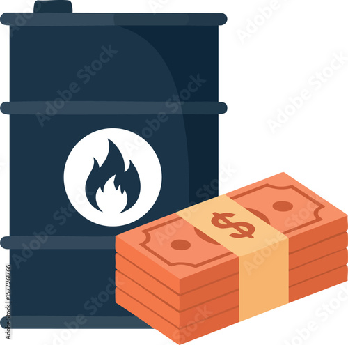 Oil barrel with dollar money stack symbolizing energy cost and financial impact on global economy vector illustration