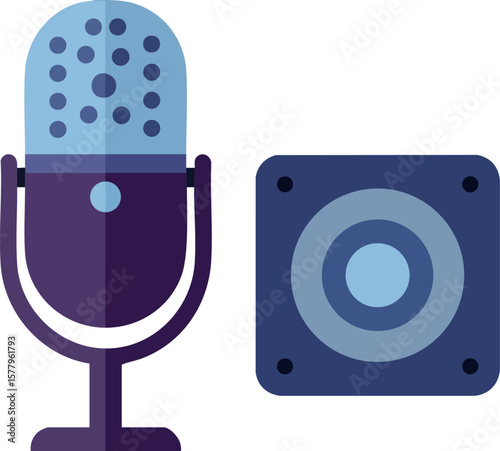 Vintage microphone and speaker icon in purple and blue tones for audio recording and broadcasting design vector