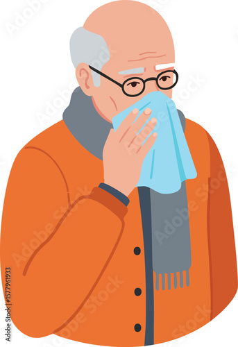 Elderly man with glasses blowing nose using tissue in cold weather wearing orange coat and gray scarf vector illustration