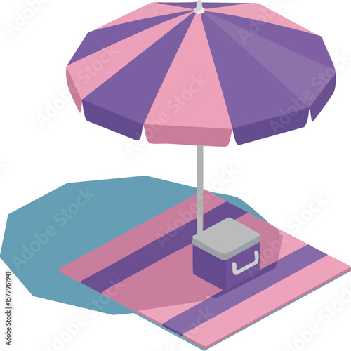 Beach umbrella with cooler on striped towel summer outdoor relaxation vector illustration