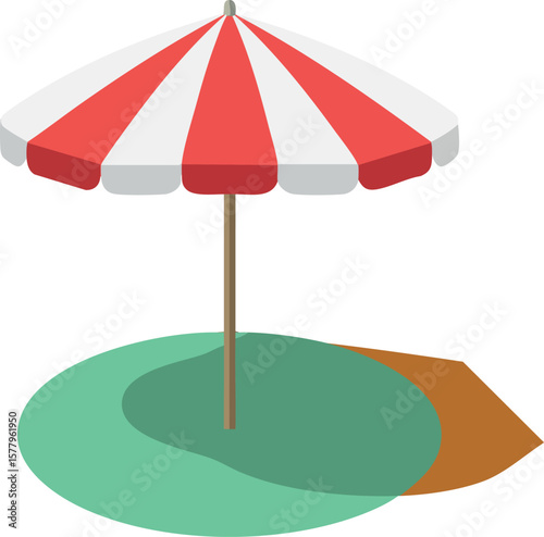 Red and white striped beach umbrella casting shadow on green surface vector illustration