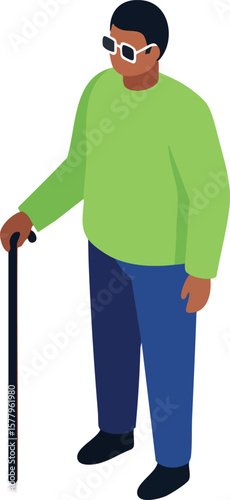 Elderly man with walking cane wearing green sweater and sunglasses in casual standing pose vector illustration