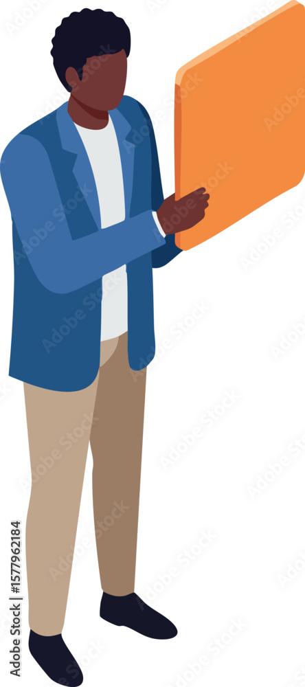 Obraz premium Young man reading large book in casual outfit holding orange hardcover vector illustration
