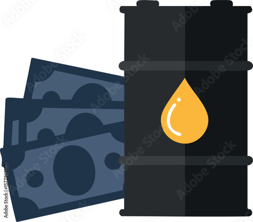 Oil barrel with money bills symbolizing financial value of crude oil and energy resources vector illustration