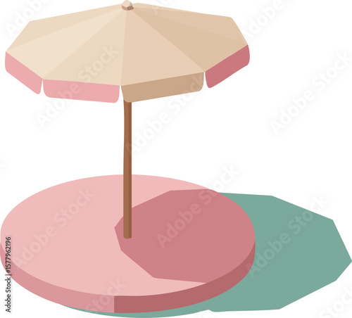 Beach umbrella casting shadow on round platform in minimal summer vector design illustration