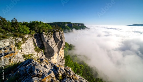 Rocky cliff edge overlooking a sea of clouds