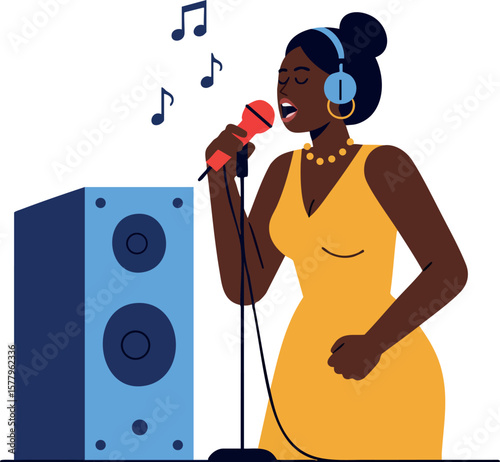 Woman singing into microphone with headphones and speaker enjoying music passion and talent vector illustration