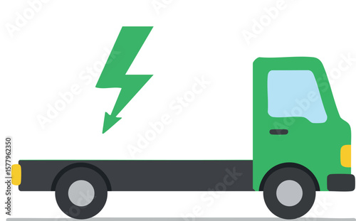 Electric flatbed truck with green cabin and lightning bolt symbol on white background vector illustration