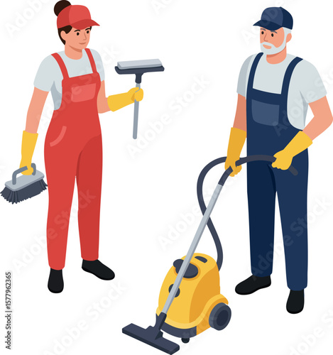Cleaning workers with equipment in protective gloves holding vacuum and brush tools vector illustration