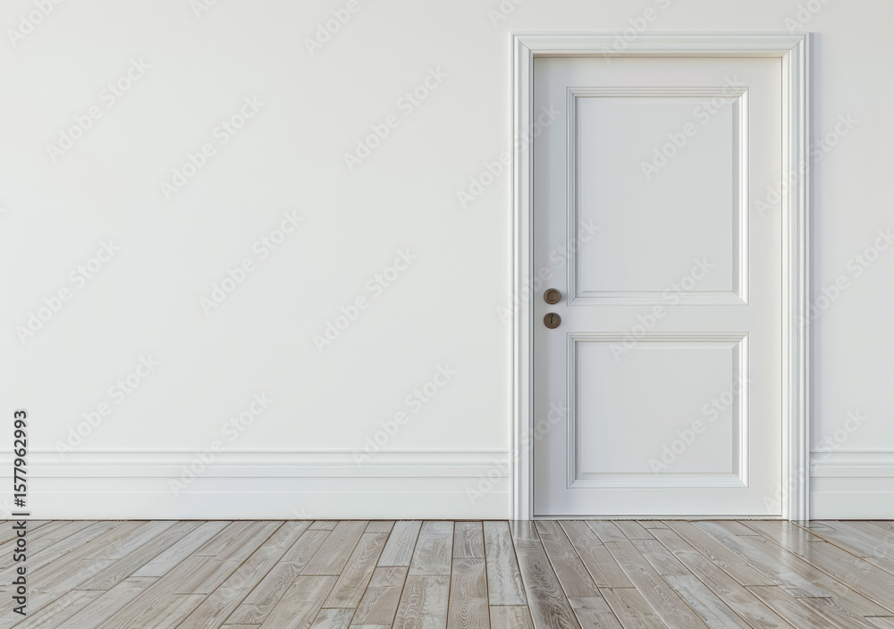 Fototapeta premium White door on empty wall, copy space, 3D realistic wooden interior, minimal home design.