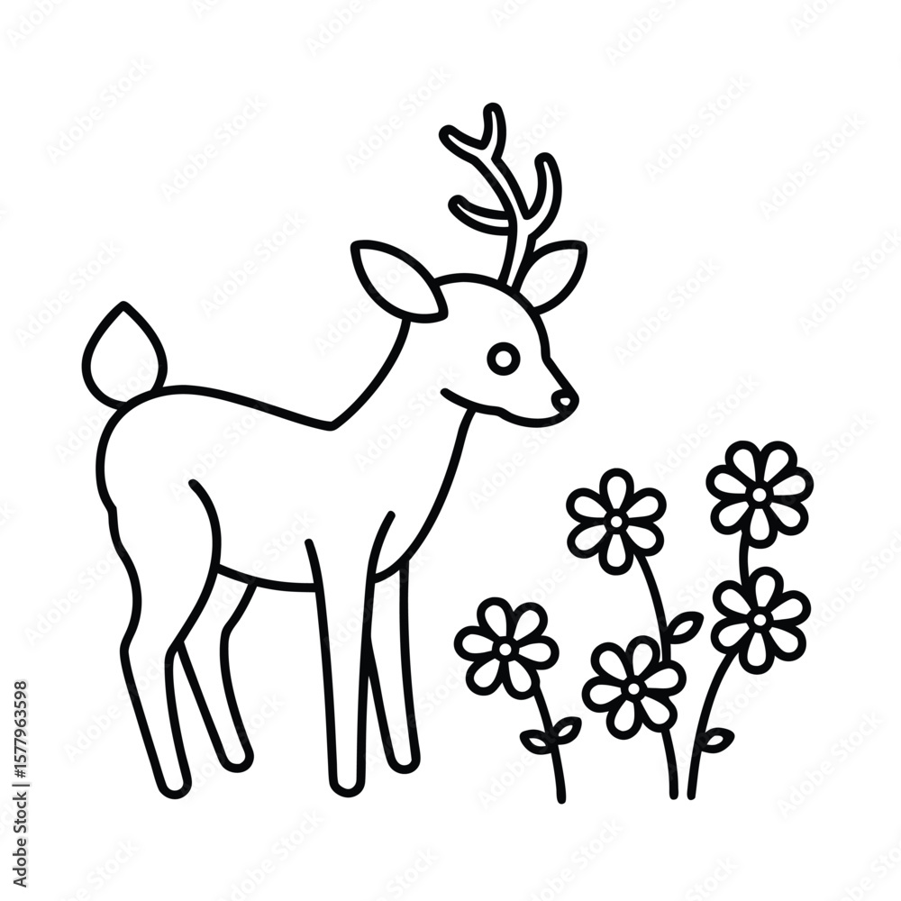 Obraz premium deer watering flowers in a garden for kids coloring page