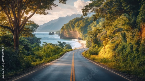 Scenic drive through Fiji with villages, beaches, and jungle-covered tropical hills


