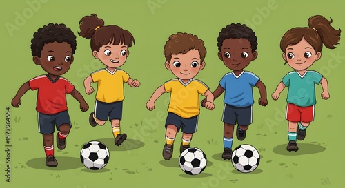 Diverse Children Playing Soccer Energetic Cartoon Illustration of Kids Having Fun with Soccer Balls on a Sunny Day in a Playful Field