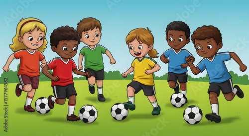 Energetic Children's Soccer Illustration A Dynamic Group of Young Players Dribbling and Enjoying the Game on a Lush Green Field under a Bright Blue Sky