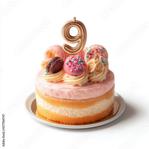 Festive ninth birthday cake with gold number candle, pink frosting, mini donuts and macarons on white plate against clean background, perfect for celebration photography