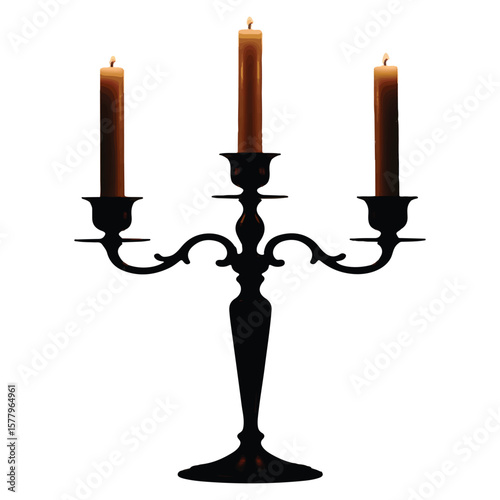 Three lit candles sit atop a vintage candelabra on white background