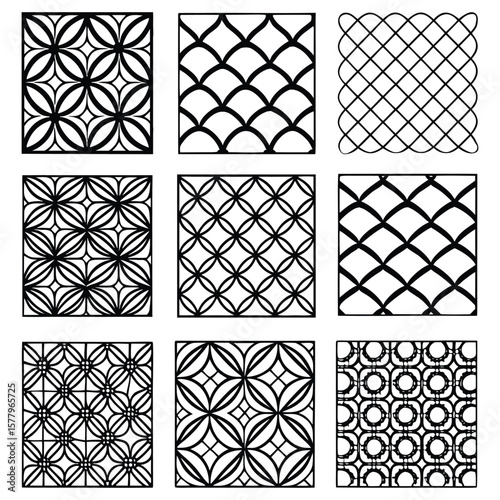 Geometric Seamless Pattern Set – Black Line Decorative Backgrounds and Lattice Designs