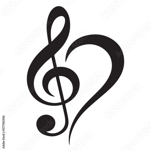 A treble clef and heart shape isolated on white background