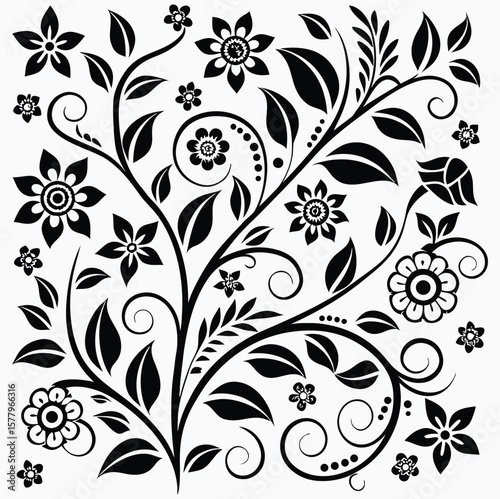Folk Art Floral Vector Pattern – Black and White Ornamental Design