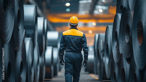 Worker walking between steel coils with cool ambient lighting