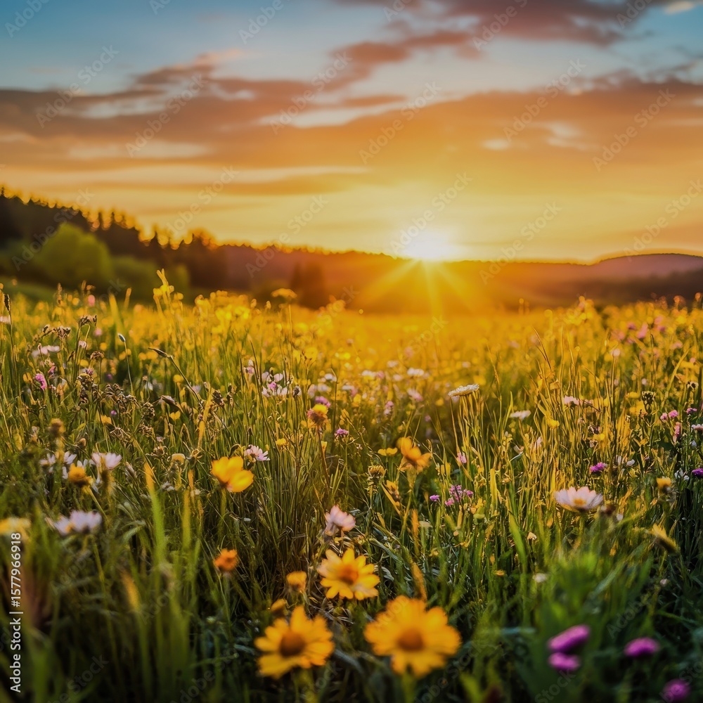 Obraz premium A vibrant meadow under a glowing sunset