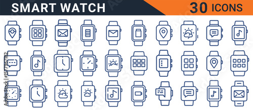 Smart Watch Vector Icon Set  Adjustable Line Weight  Time, apps, notifications, GPS, weather, heart rate, chat, mail, music, health, fitness, smartwatch icons