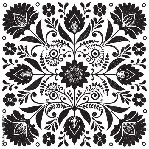 Folk Art Floral Vector Pattern – Black and White Ornamental Design