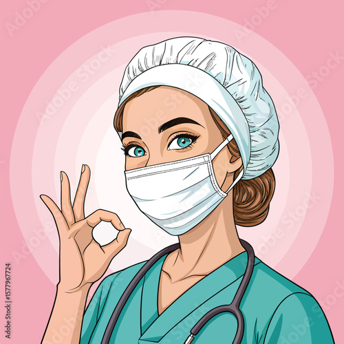 Cartoon doctor wearing mask showing ok sign with stethoscope in pink background illustration