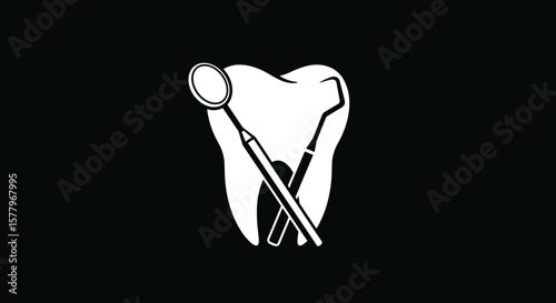  Tooth icon with dental mirror and hook on black for clinic logo design