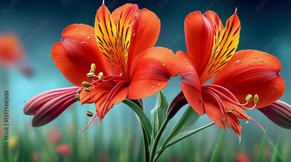 Azalea (Rhododendron spp.) A colorful Azalea with fiery orange blossoms, radiating lively charm, swaying gently in a warm breeze, against a backdrop of a serene meadow with lush green grass.