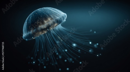 Glowing deep sea jellyfish Atolla wyvillei releasing bioluminescent pulse realistic anatomical structure scientific deep ocean image marine research visuals