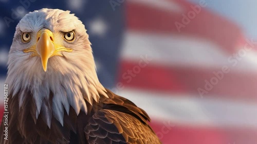 Seamless Looping Majestic American Bald Eagle Infront of American Flag Waving In The Wind. Generative AI Eagle - Flag is Real.