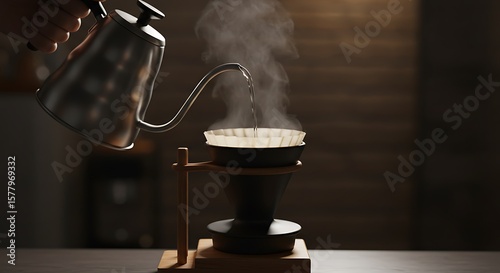 Pouring hot water from kettle into coffee filter on a pour over stand in a dimly lit environment
