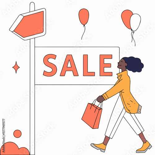 Woman walking with shopping bag near sale sign and balloons  