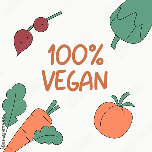 Colorful vegan food illustration with vegetables and text design  