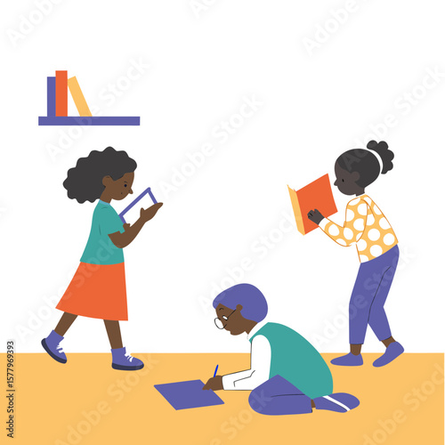 Three children studying and reading books in a bright classroom  