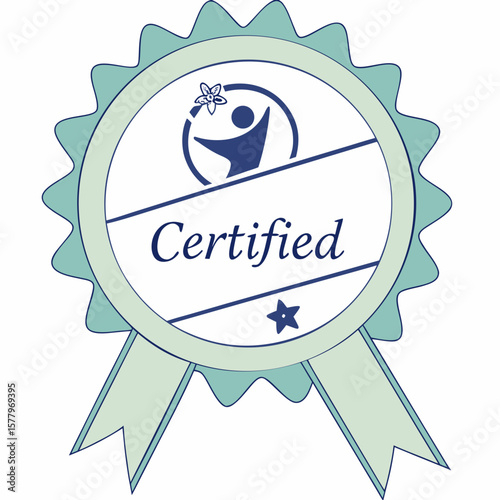 Certification badge with emblem and star on light blue background  