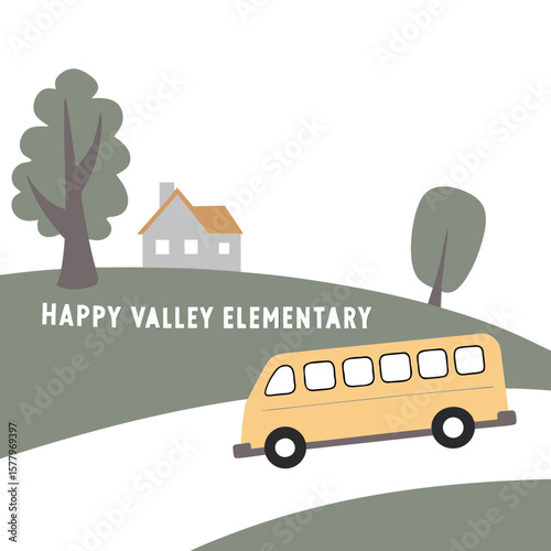Yellow school bus driving past house and trees in countryside  
